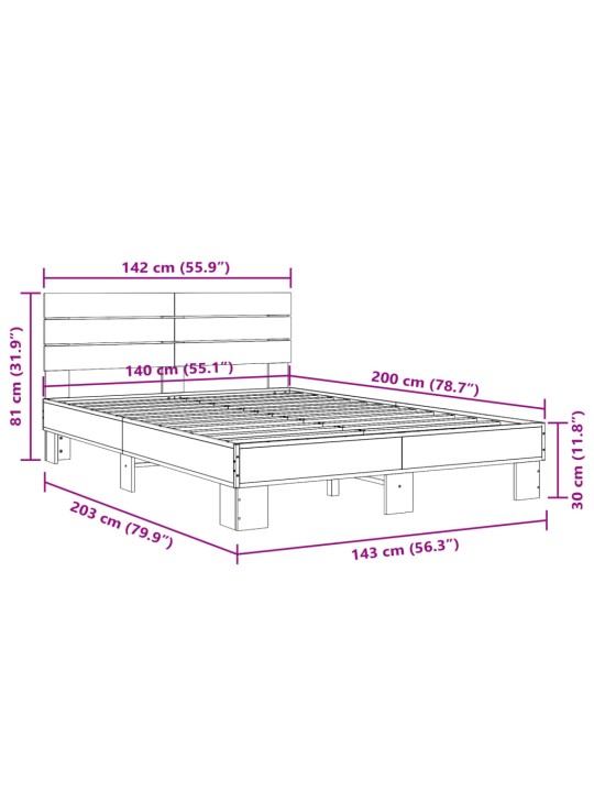 Voodiraam, hall sonoma tamm, 140 x 200 cm, tehispuit ja metall