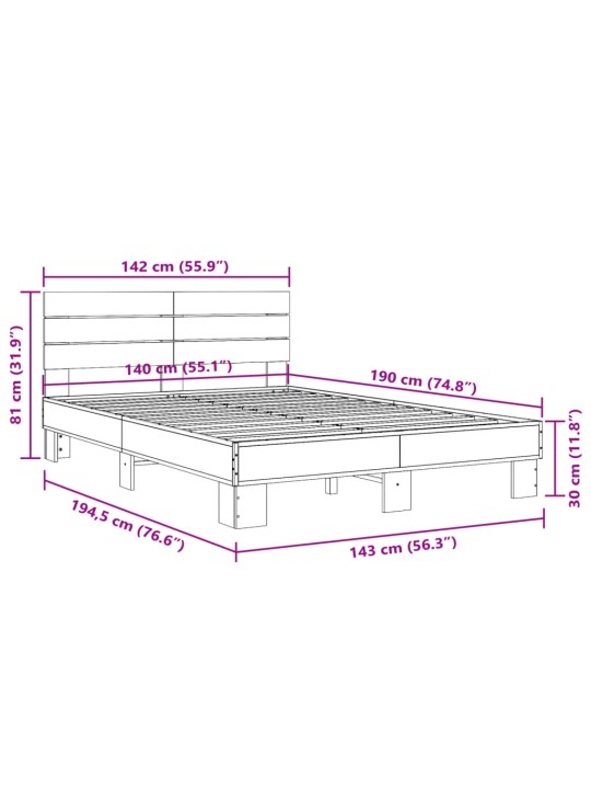 Voodiraam, hall sonoma tamm, 140 x 190 cm, tehispuit ja metall