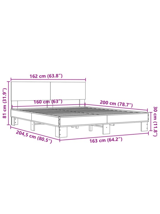 Voodiraam, hall sonoma tamm, 160 x 200 cm, tehispuit ja metall