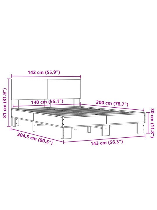 Voodiraam, hall sonoma tamm, 140 x 200 cm, tehispuit ja metall