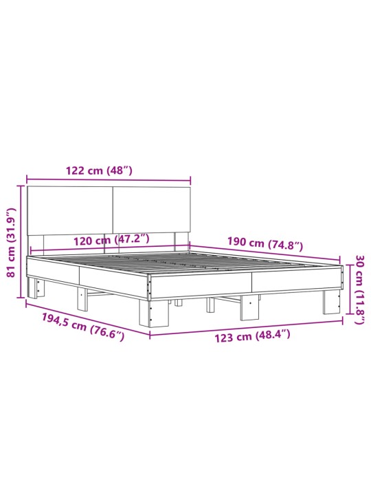 Voodiraam, hall sonoma tamm, 120 x 190 cm, tehispuit ja metall