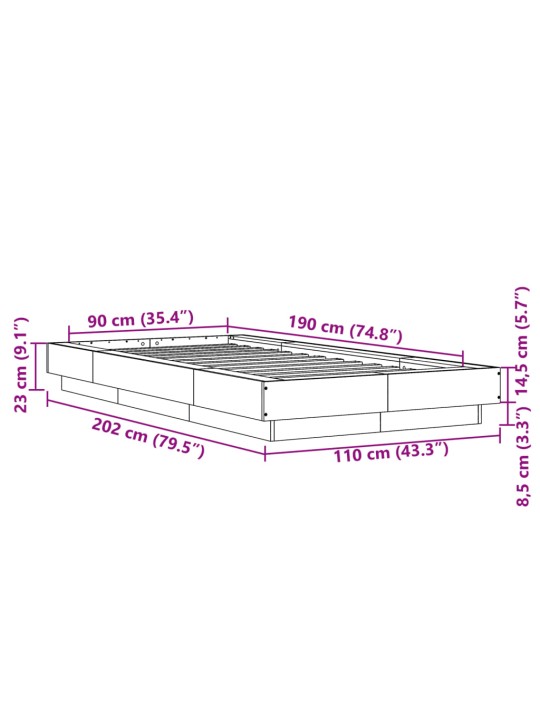 Voodiraam, hall sonoma tamm, 90x190 cm, tehispuit