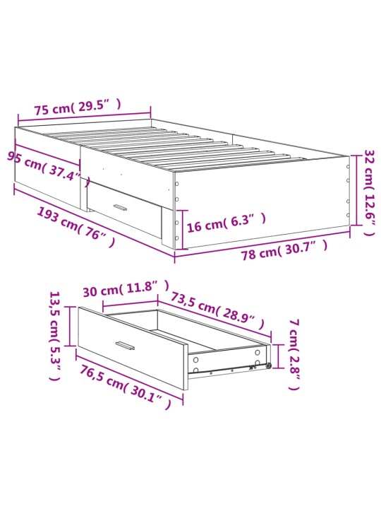 Voodiraam sahtlitega, hall sonoma tamm, 75x190 cm, tehispuit