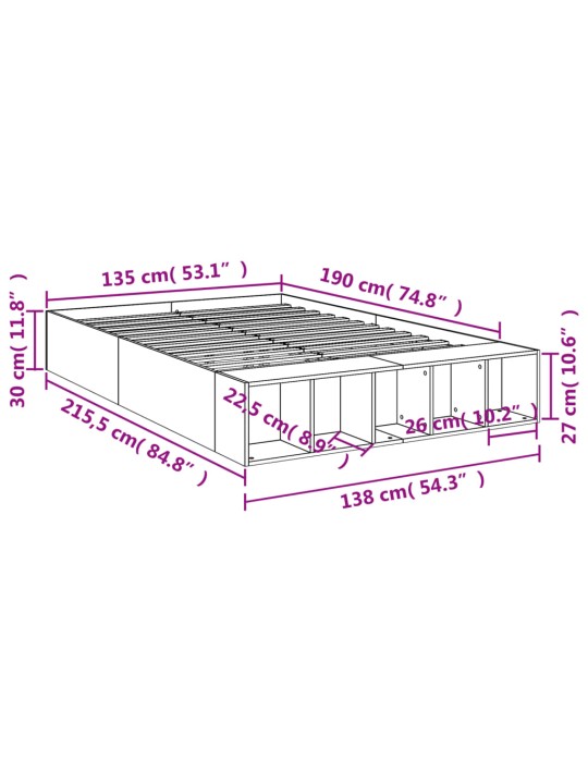 Voodiraam, hall sonoma tamm, 135 x 190 cm, tehispuit