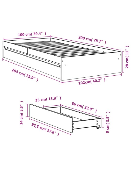 Voodiraam sahtlitega, hall sonoma tamm, 100 x 200 cm, tehispuit