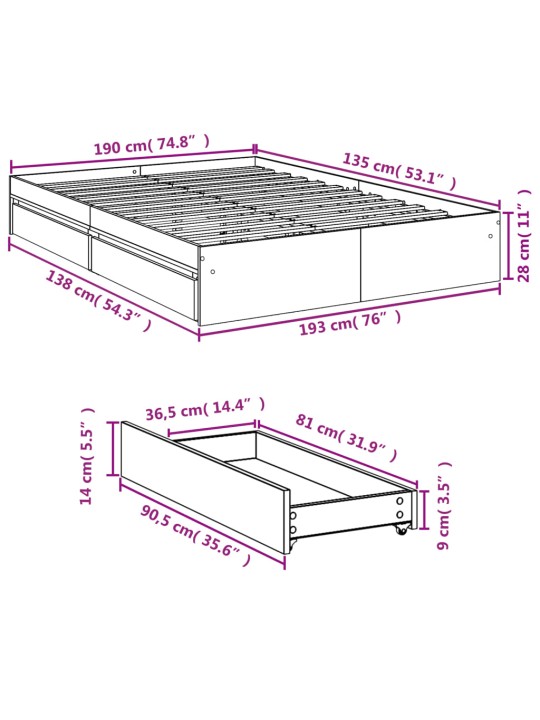 Voodiraam sahtlitega, hall sonoma tamm, 135 x 190 cm, tehispuit