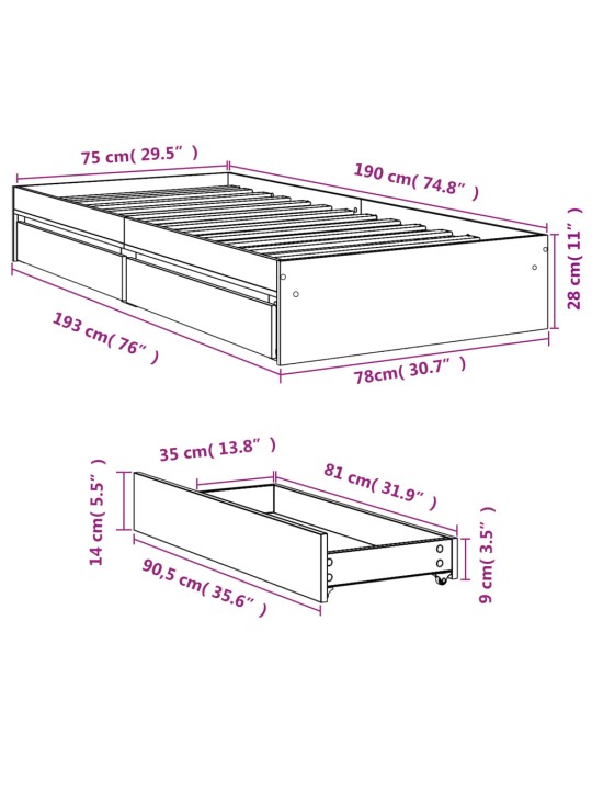 Voodiraam sahtlitega, hall sonoma tamm, 75x190 cm, tehispuit