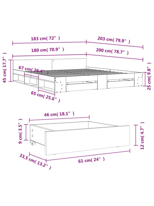 Voodiraam sahtlitega, hall sonoma tamm, 180 x 200 cm, tehispuit