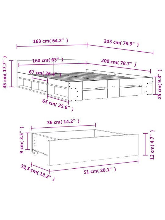 Voodiraam sahtlitega, hall sonoma tamm, 160x200 cm, tehispuit