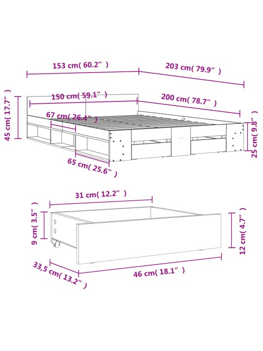 Voodiraam sahtlitega, suitsutatud tamm, 150x200 cm, tehispuit