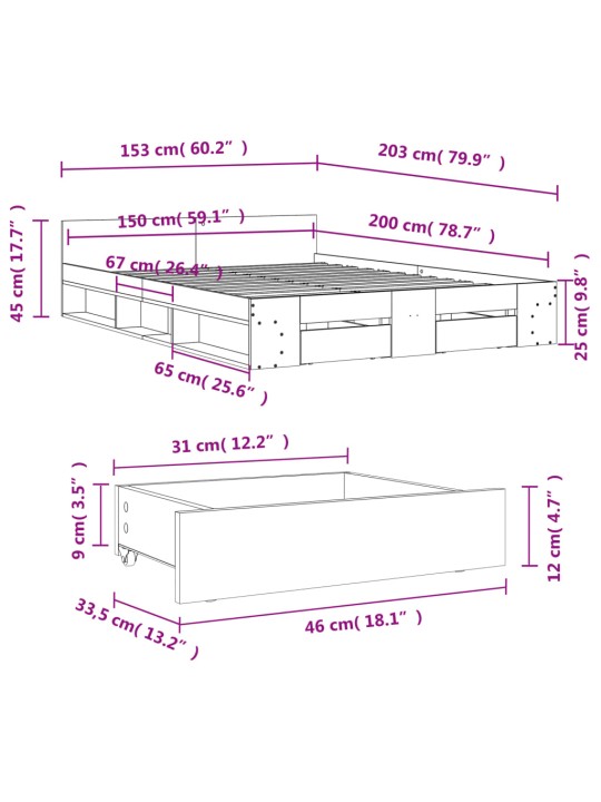 Voodiraam sahtlitega, hall sonoma tamm, 150x200 cm, tehispuit