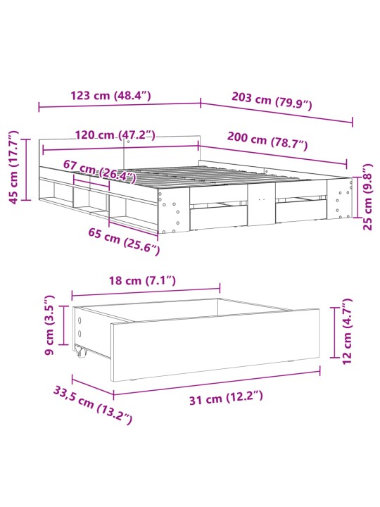 Sahtlitega voodiraam, ilma madratsita, valge, 120x200 cm