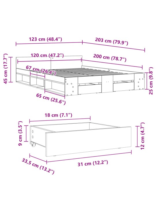 Voodiraam sahtlitega, hall sonoma tamm, 120 x 200 cm, tehispuit