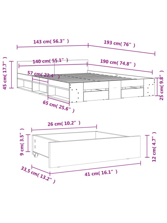 Voodiraam sahtlitega, betoonhall, 140x190 cm, tehispuit