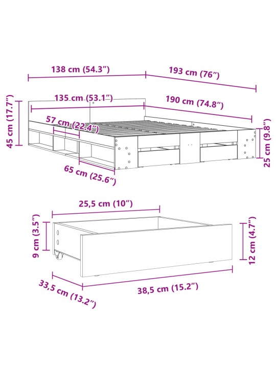 Voodiraam sahtlitega, suitsutatud tamm, 135x190 cm, tehispuit