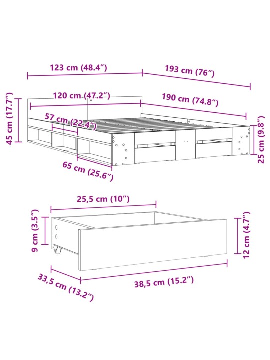 Voodiraam sahtlitega, betoonhall, 120 x 200 cm, tehispuit