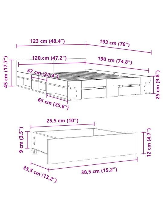 Voodiraam sahtlitega, suitsutatud tamm, 120 x 200 cm, tehispuit