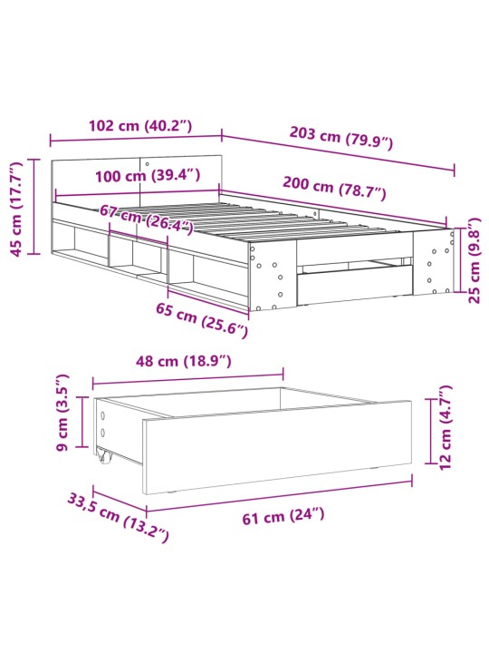 Voodiraam sahtlitega, must, 100 x 200 cm, tehispuit