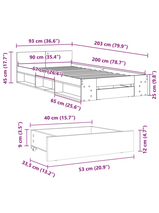 Voodiraam sahtlitega, must, 90 x 200 cm, tehispuit