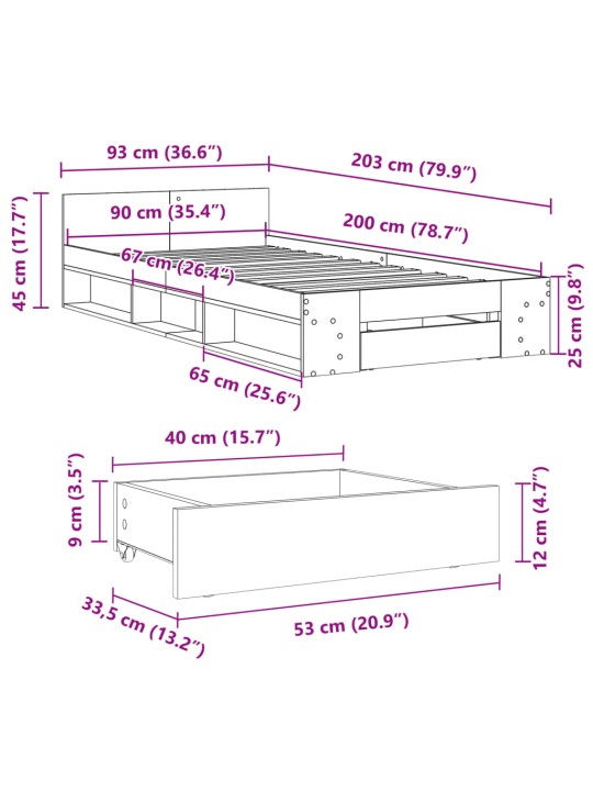 Voodiraam sahtlitega, suitsutatud tamm, 90x200 cm, tehispuit