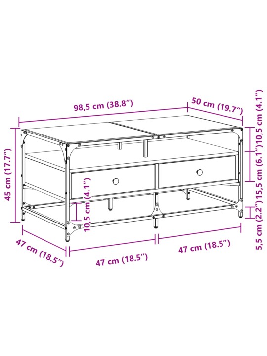 Kohvilaud klaasplaadiga, suitsutatud tamm, 98,5x50x45 cm, teras