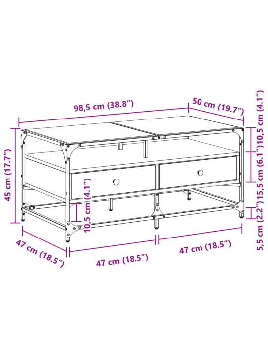 Kohvilaud klaasplaadiga, pruun tamm, 98,5x50x45 cm, teras