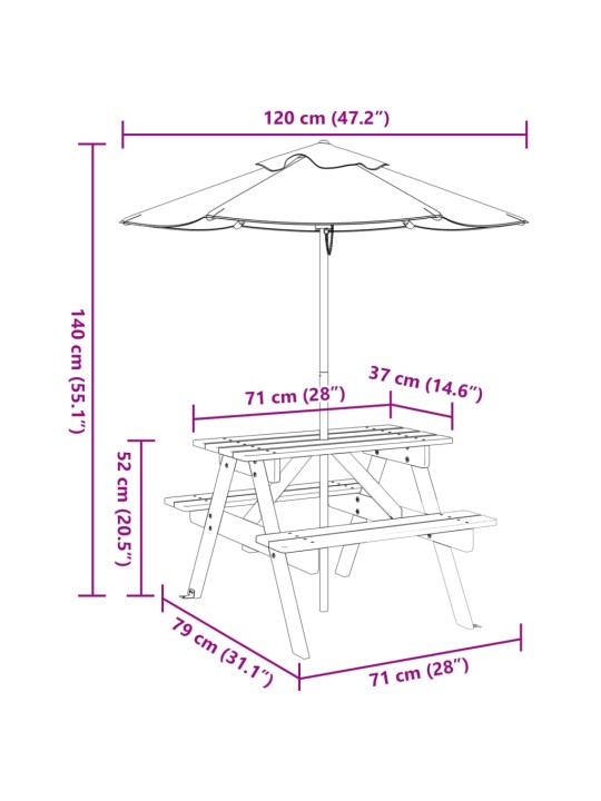 Laste piknikulaud koos päikesevarjuga, nulupuit