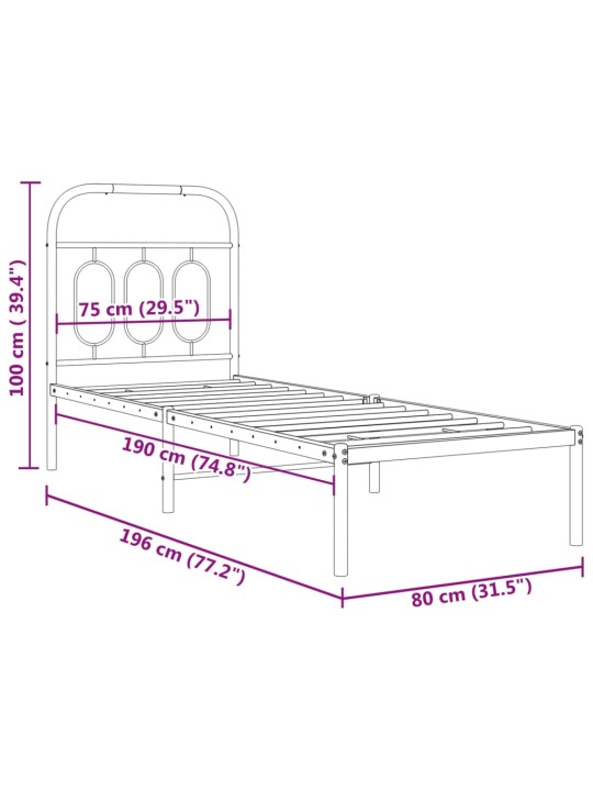 Metallist voodiraam peatsiga, must, 75x190 cm