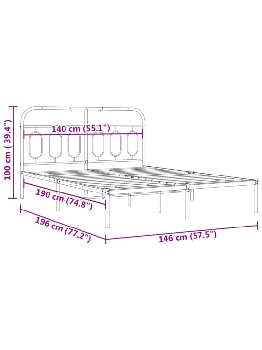 Metallist voodiraam peatsiga, must, 140x190 cm