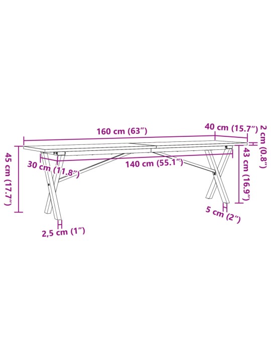 Kohvilaud, x-raam, 160 x 40 x 45 cm, männipuit ja malm