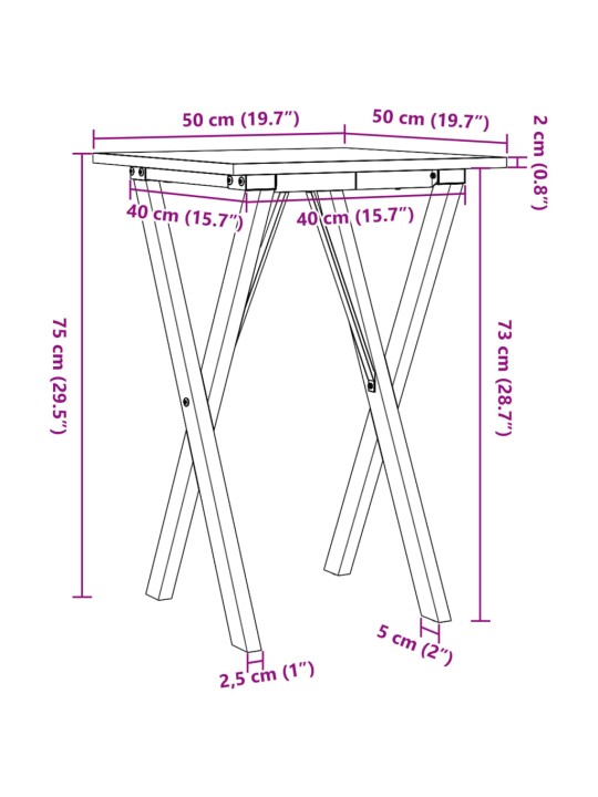Söögilaud, x-raam, 50 x 50 x 75 cm, männipuit ja malm
