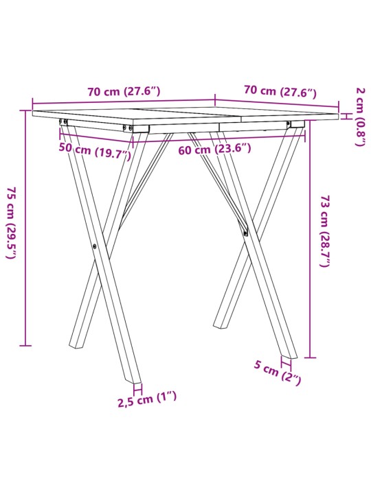 Söögilaud, x-raam, 70 x 70 x 75 cm, männipuit ja malm