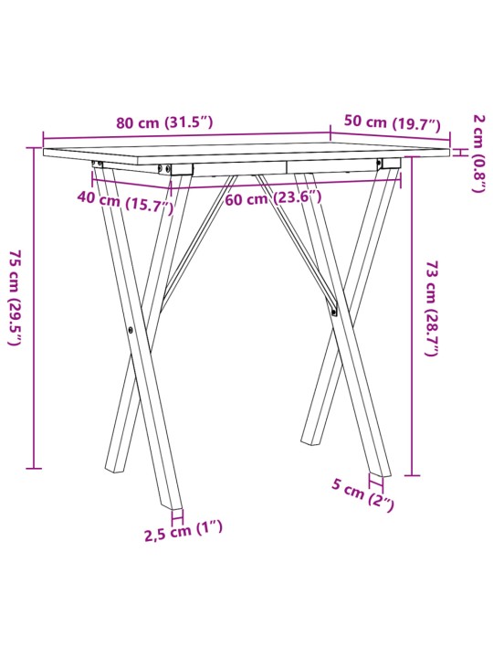 Söögilaud, x-raam, 80 x 50 x 75 cm, männipuit ja malm