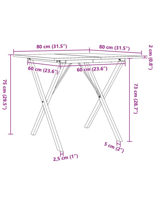 Söögilaud, x-raam, 80 x 80 x 75 cm, männipuit ja malm