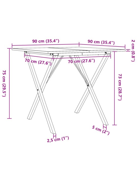 Söögilaud, x-raam, 90 x 90 x 75 cm, männipuit ja malm