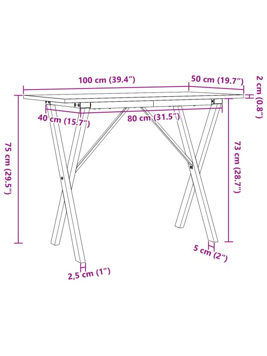Söögilaud, x-raam, 100 x 50 x 75 cm, männipuit ja malm