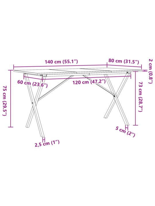 Söögilaud, x-raam, 140 x 80 x 75 cm, männipuit ja malm