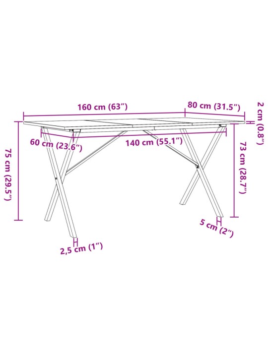 Söögilaud, x-raam, 160 x 80 x 75 cm, männipuit ja malm