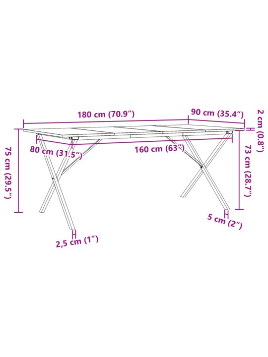 Söögilaud, x-raam, 180 x 90 x 75 cm, männipuit ja malm