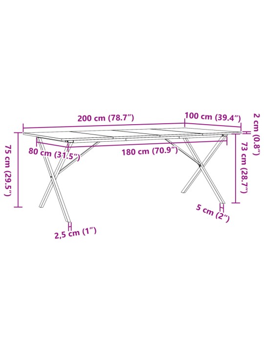 Söögilaud, x-raam, 200 x 100 x 75 cm, männipuit ja malm