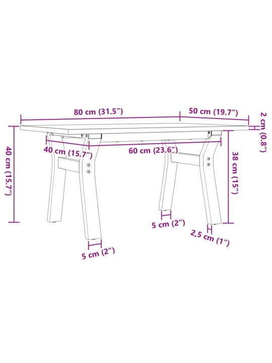 Kohvilaud, y-raam, 80 x 50 x 40 cm, männipuit ja malm