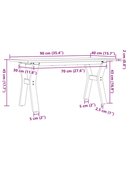 Kohvilaud, y-raam, 90 x 40 x 45 cm, männipuit ja malm