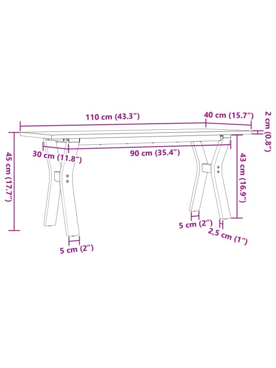 Kohvilaud, y-raam, 110 x 40 x 45 cm, männipuit ja malm