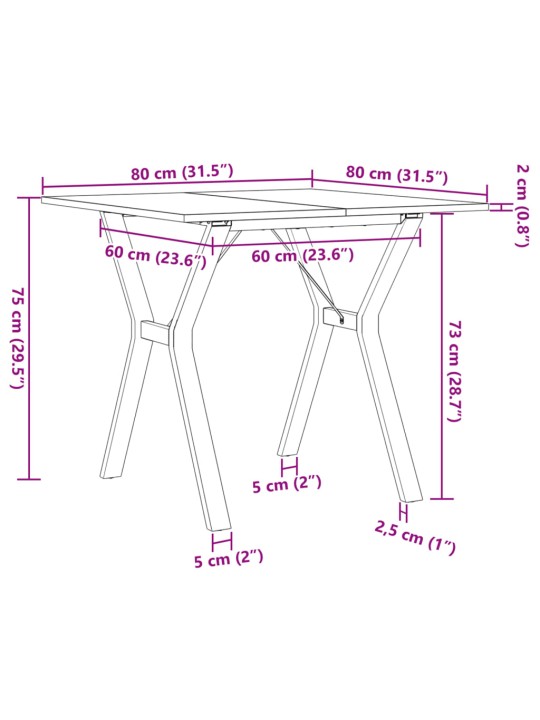 Söögilaud, y-raam, 80 x 80 x 75 cm, männipuit ja malm