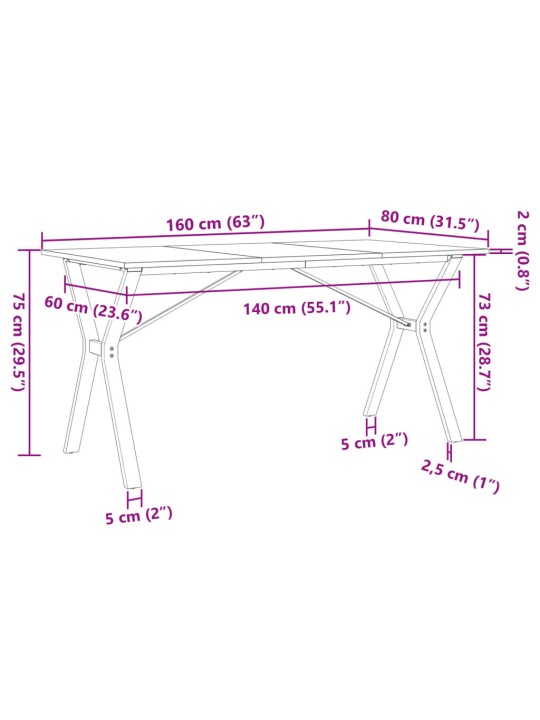 Söögilaud, y-raam, 160 x 80 x 75 cm, männipuit ja malm