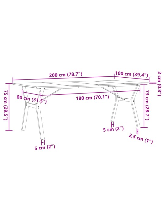 Söögilaud, y-raam, 200 x 100 x 75 cm, männipuit ja malm