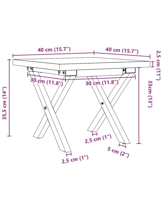 Kohvilaud, x-raam, 40 x 40 x 35,5 cm, männipuit ja malm