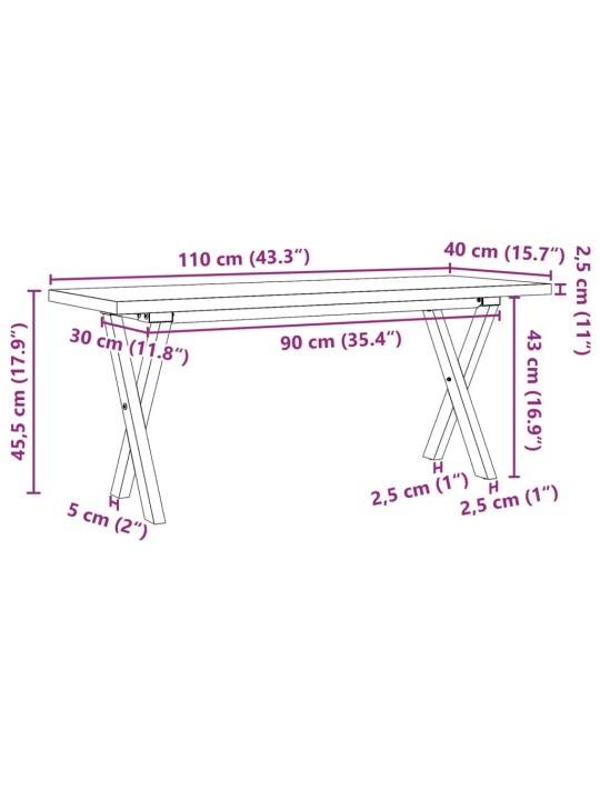 Kohvilaud, x-raam, 110 x 40 x 45,5 cm, männipuit ja malm