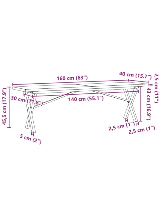 Kohvilaud, x-raam, 160 x 40 x 45,5 cm, männipuit ja malm