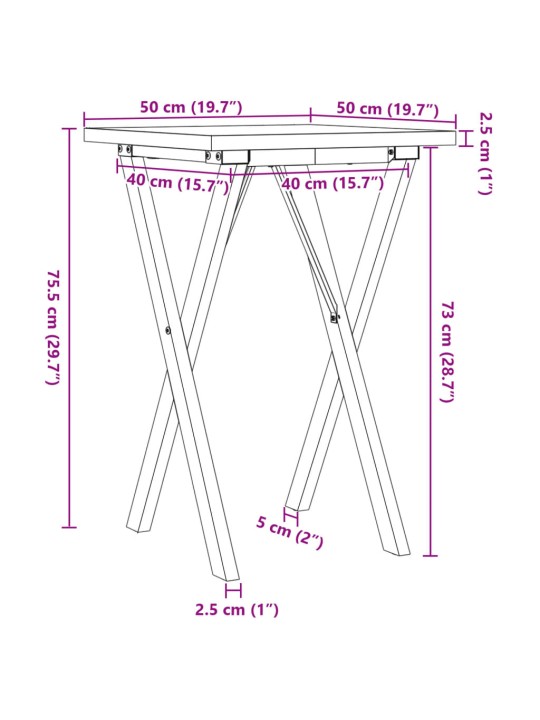 Söögilaud, x-raam, 50 x 50 x 75,5 cm, männipuit ja malm